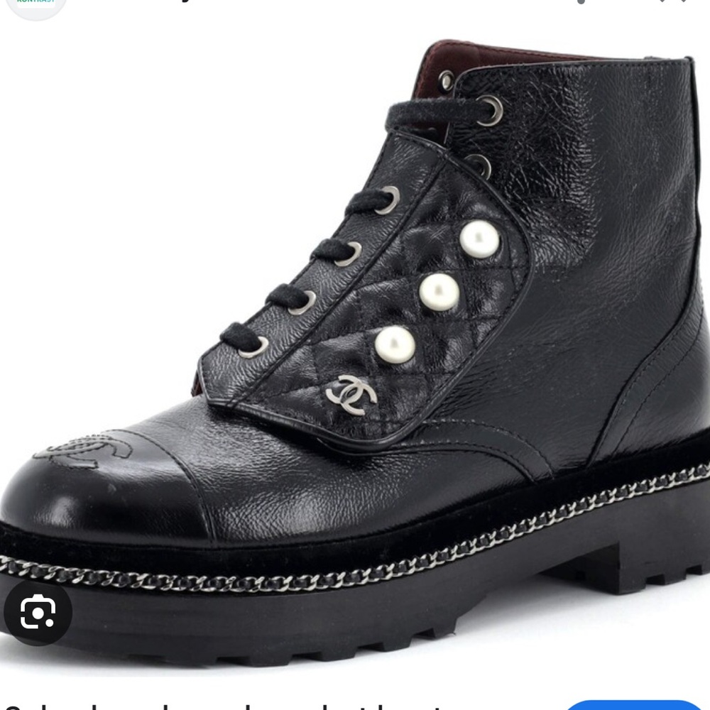 CHANEL Black Quilted Combat Boots with Pearl Detail
